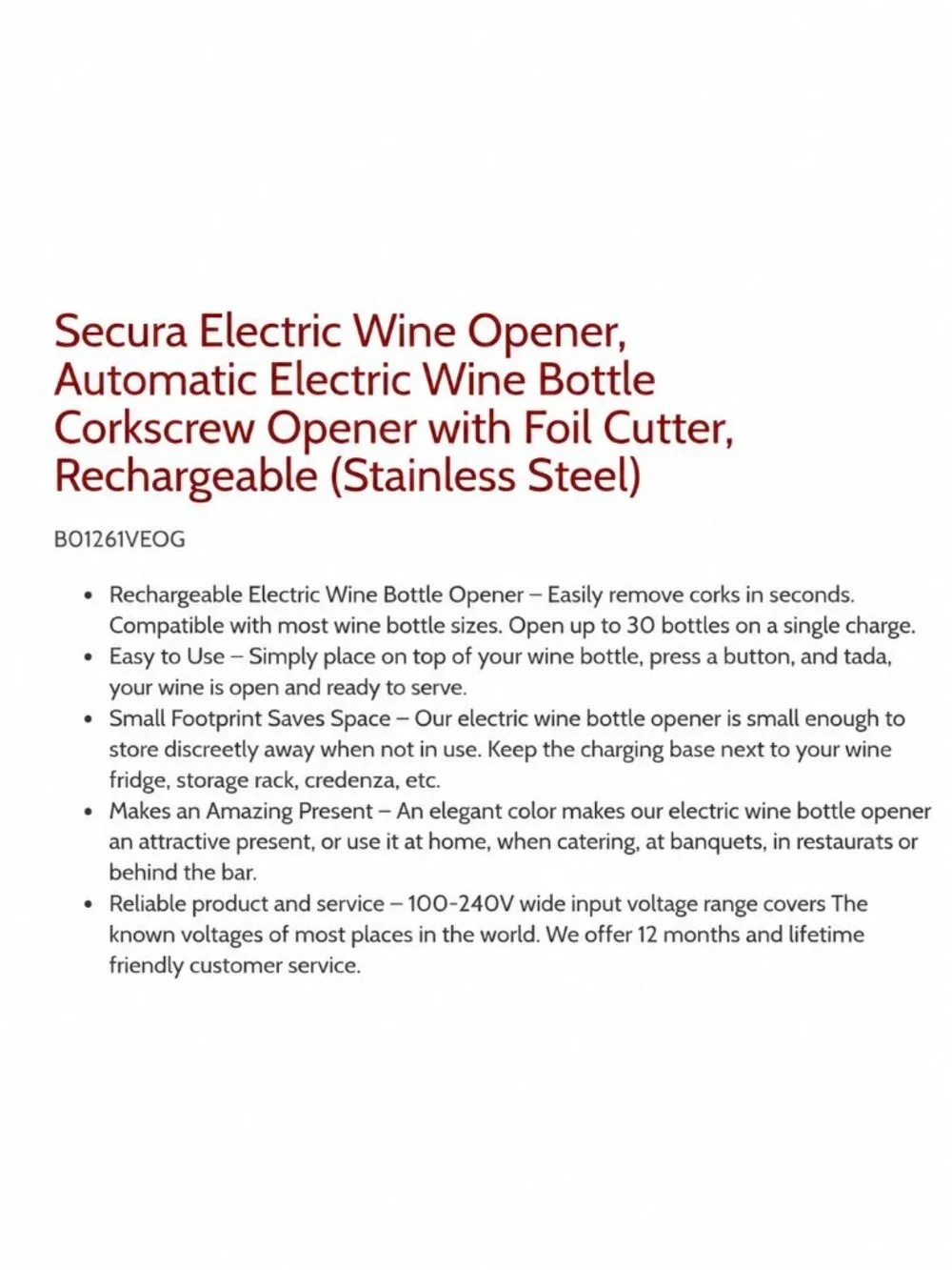 NWOT | Secura Stainless Steel Rechargeable Electric Wine Opener + Blue LED Light